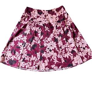 Women’s Burgundy Black Floral A-Line Skirt Knee Length Pleated Retro Cottagecore